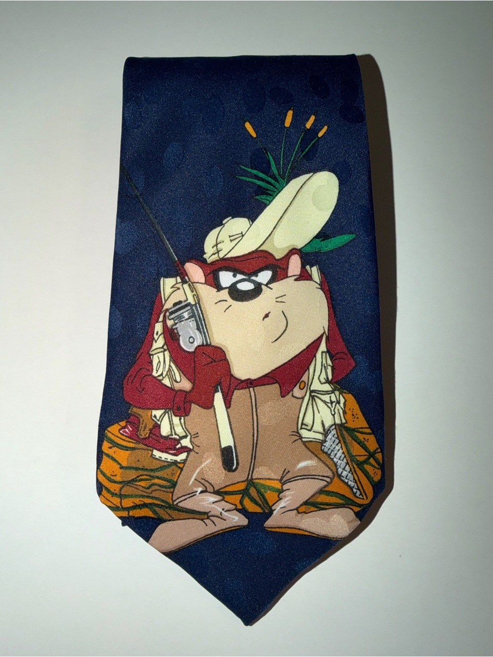 Vintage 90s Looney Tunes Mania Silk Fishing Necktie Bugs Bunny Taz
